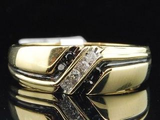 Mens 10K Yellow Gold 4 Stone Black & White Diamond Engagement Ring