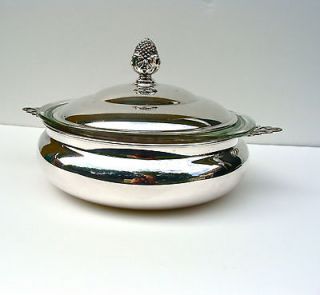 2Qt Glass Pyrex Casserole Serving Dish & Silverplate Stand/Dish