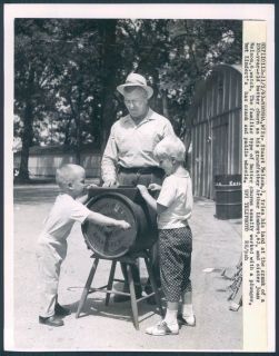 1963 Wisconsin Farm Little Kids Help Grandpa 100 year Old Butter Churn