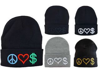 Peace Love and Money Beanie Wooly Hat Black and Grey comme des