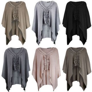 LADIES KNITTED CASHMERE WOOL PONCHO WOMEN RUFFLE NECKLINE CAPE TOP