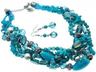 MULTI TEAL LUCITE BEAD SHELL AND GLASS BEAD BRAIDED NECKLACE EARRING