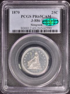 1870 SEATED 25C J 886 PCGS PR 65 CAM