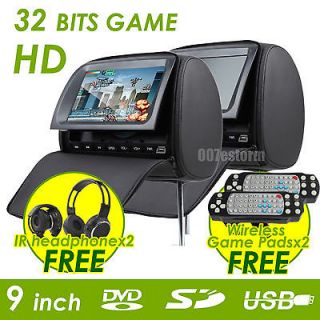 Black 2x 9HD LCD Car Grey Pillow Headrest DVD Player IR Headphone