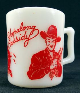 HOPALONG CASSIDY RED & MILK GLASS DRINKING MUG CHILDS CUP 1950’S TV