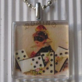 Girl Mask Vintage Ad Art Ephemera Glass Charm Pendnat Necklace Jewelry