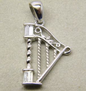 14k White Gold musical charm Harp Pendent w/ white Crystals and gift