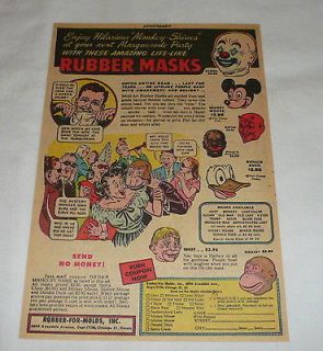 1949 Rubber Masks ad page ~ MINSTREL,DONAL D DUCK,SATAN,IDI OT,CLOWN