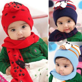 Baby Toddler Kids Children Winter Warm Hat Caps + Scarf Bee Ladybug