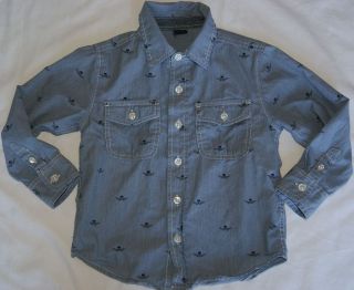SZ 4T BLUE WHITE PIN STRIPED CHAMBRAY SHIRT SKULLS WINGS BUTTON UP