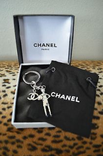 CHANEL Silver Tone Woman Holding Pearl Bag Charm Key Chain Ring NIB in