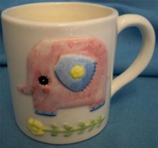 Vintage Napco Ceramic Child Mug Cup Pink Blue Embossed Elephant Flower