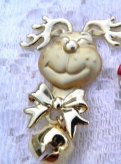 Christmas GRINCH DOG Shiny brushed goldtone dangle bell brooch pin 2 1