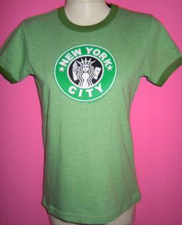 Starbucks design of New York City Womens Ringer T Shirt Olive Green
