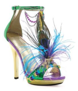 Gold Heels Green Blue Peacock Feathers Mardi Gras Carnivale Shoes 9