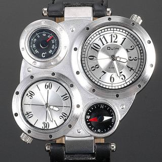 Black Silver Mens Military Quartz Watch GMT Two Time Zone Xmas GIFTS