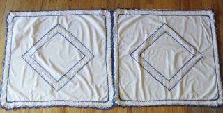 Pair Lovely European Blue & White Bobbin Lace Vintage Pillow Shams
