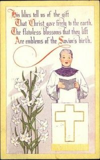 Easter Lilies Church Boy Reads Bible at Podium c1910 Postcard
