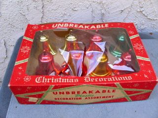 Vintage Box 8 Plastic Christmas Bell Decorations 2 1/2 Blue Red Gold