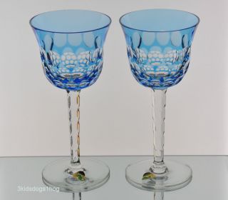 Waterford Simply Blue Cut to Clear Cased Crystal Wine Goblets Glasses