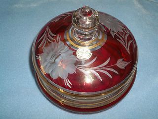 EGERMANN BOHEMIAN CZECH ETCHED CLEAR GLASS LIDDED DISH BOWL RED