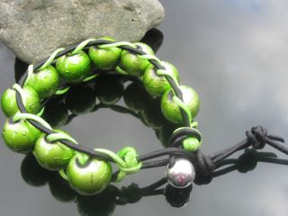 Real Leather Cord Bracelet with Green Spectra Glass Beads
