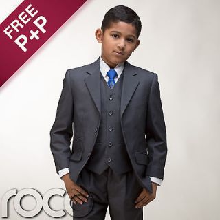 Boys Dove Grey Formal Wedding Pageboy 3pc Suit with Blue Communion Tie