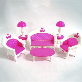 Lovely Toy Barbie Doll Sofa Chair Couch Desk Lamp Furniture 6pcs Set