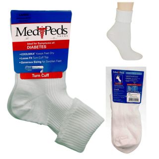 NWT Medipeds Womens Diabetic Turn Cuff Socks Light Thin Coolmax White