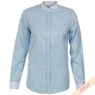 Ladies Satin Shiny Contrast Collar Oxford Shirt Blouse Top Work Office