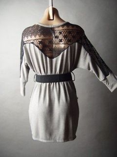 Heather Gray Urban Sweater Knit Black Lace Tassel Belted 05 mv Dress S