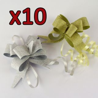 Pack of 10 Metallic Glitter GOLD or SILVER Butterfly Pull Bow Ribbons