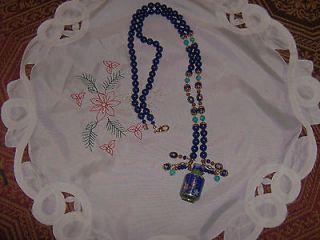 Vintage 1980s Artisan Lapis Necklace w/Cloisonne, Turquoise, Coral