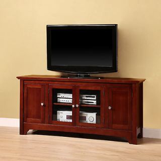 52 Cherry Solid Wood TV Stand Console, 4 Doors  2 Glass Panes, Extra