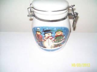 Newly listed WHITE CERAMIC CANISTER WITH SNOWMAN & CHILDREN IN THE
