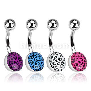 Steel Navel Ring with Leopard Skin Clear Epoxy Coated Ball White