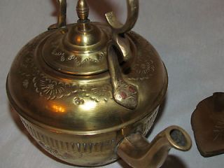 Vtg Hammered Brass & Copper Indian Tea Pot Ornate SNAKE Handle & Leaf