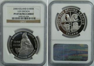 2000 NGC PF69 ICELAND S1000K LEIF ERICSON PROOF SILVER DOLLAR COIN