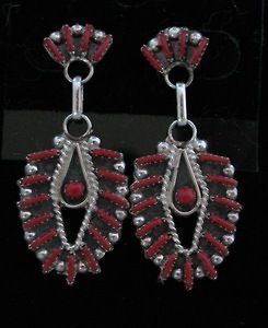 Zuni Indian Earrings Coral Needle Point Post Sterling Silver Philander