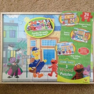 Sesame Street 3 Wooden Puzzles  Set With Wooden Storage Box NEW GREAT