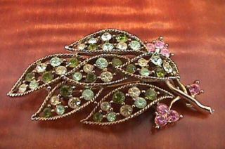 GRAZIANO Large Green Yellow Pink Leaf Goldtone BROOCH Pin