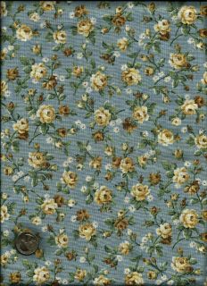 Floral Print cream taupe gold med blue on lt blue Fabric by Cranston
