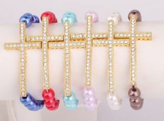 Glass Pearl Sideway Golden Crystal Cross Beaded Elasticity Bracelet