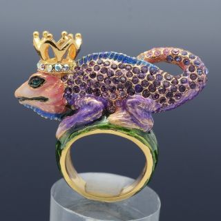 Gecko Lizard Crown Chameleon Cocktail Ring 8# W/ Purple Swarovski
