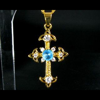 Jewelry Gift Cross Aquamarine Topaz Yellow Gold GP Pendant Necklace