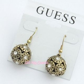 GUESS ANTIQUE FINISH GOLD SILVER TONE CRYSTAL BALL DROP EARRINGS E2101