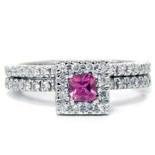 65CT Princess Cut Pink Sapphire Diamond Engagement Wedding Ring Set