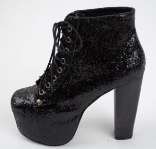 JEFFREY CAMPBELL New in Box BLACK GLITTER LITA Ankle Boots Lace Up
