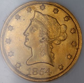 1854 O Gold $10 Liberty, Choice AU, Small Date