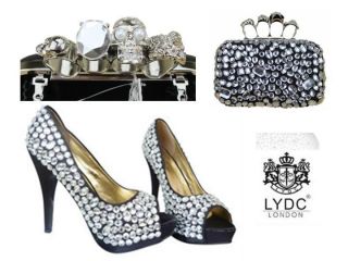 LYDC Black Silver Diamante Gem Crystal High Heel Shoes Skull Sparkly